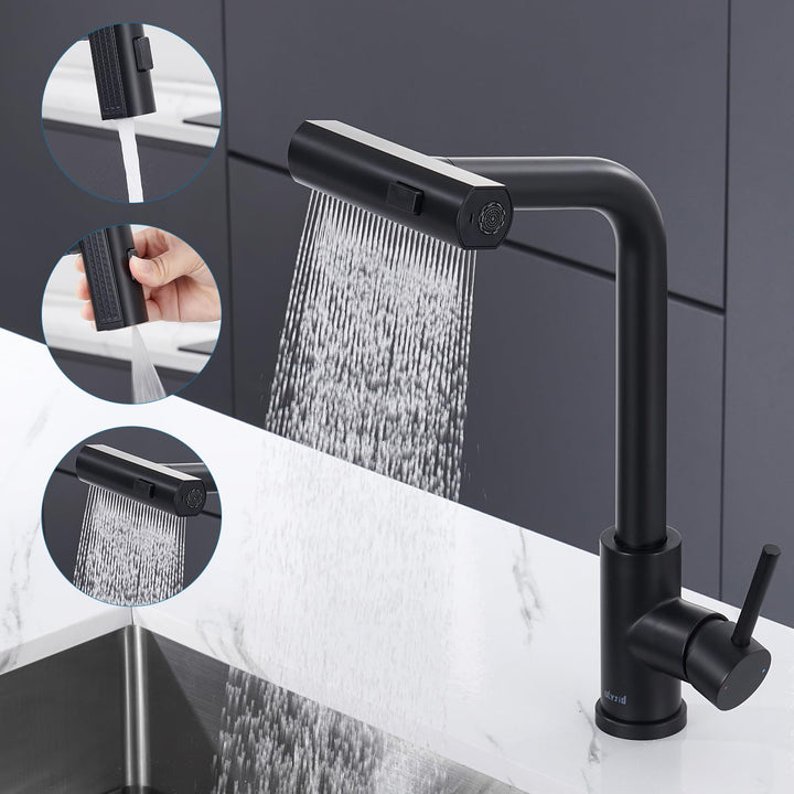Wasserhahn Küche Schwarz, Küchenarmatur mit Brause Ausziehbar, Wasserfall Hochdruck Mischbatterie Ar