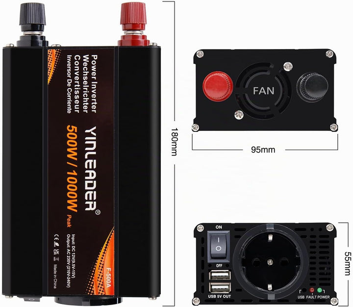 Yinleader Wechselrichter 500W DC 12V auf 230V AC und 1 EU Steckdose 2 USB KFZ-Spannungswandler, 500W