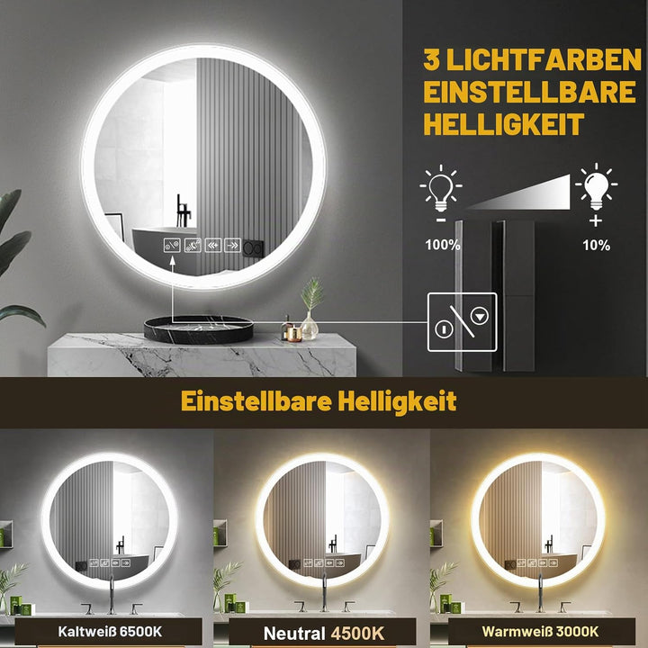 Viugreum 60cm Runder Badspiegel mit Beleuchtung, LED mit Bluetooth-Lautsprecher, Dimmbar 3 Lichtfarb