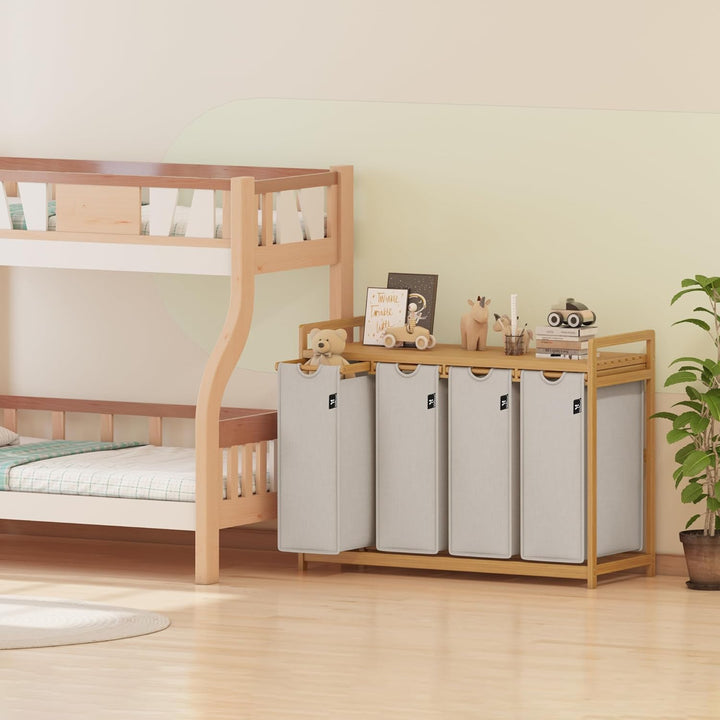 AdelDream Wäschekorb 200L, 4 Fächer Wäschesammler mit Ablage, Bambusrahmen | Wäschesortierer mit 4 x