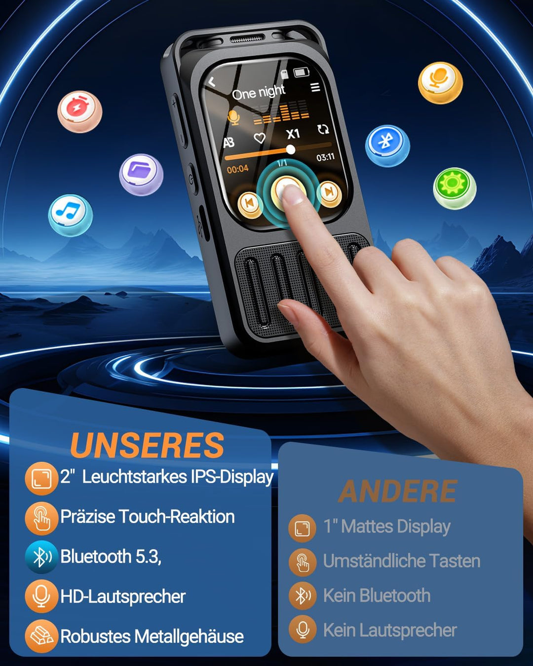 Diktiergerät mit 2 Zoll Touchscreen & Bluetooth, XIXITPY HD 100Std Aufnahmegerät mit DSP-Rauschunter