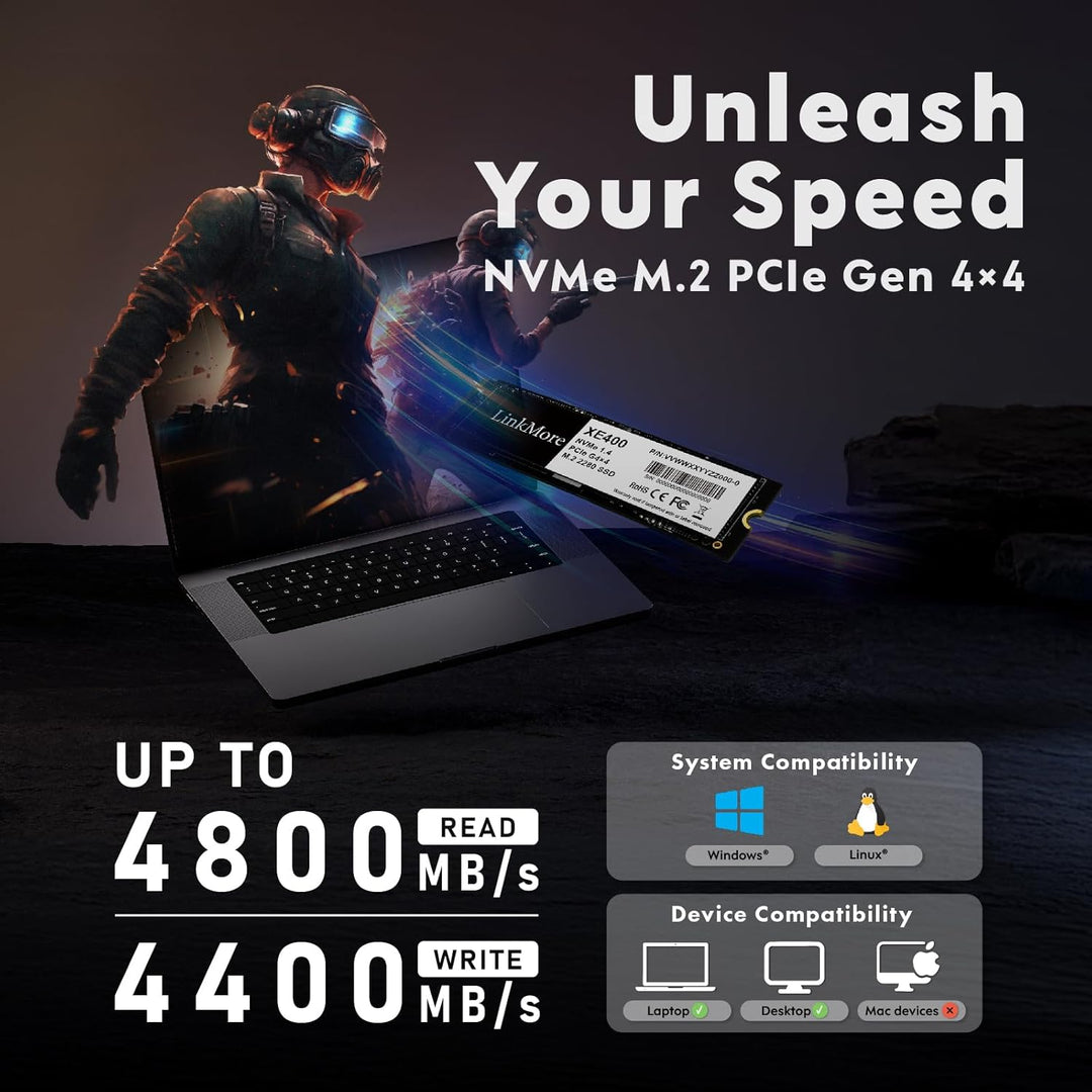 LinkMore XE400 2TB M.2 2280 PCIe Gen4 NVMe 1.4 interne SSD, Solid State Drive, bis zu 4650 MB/s für