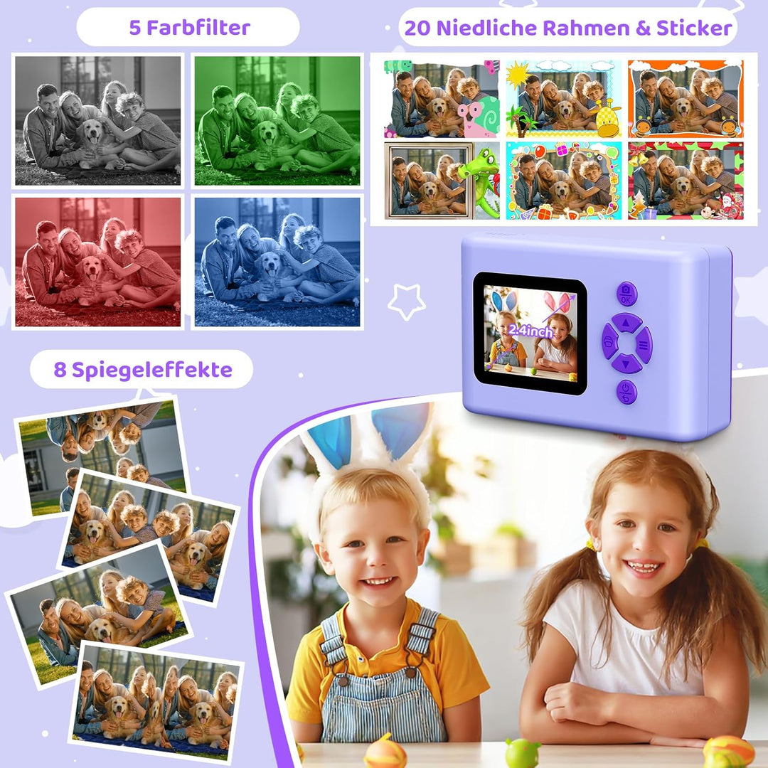 Sofortbildkamera Kinder, 20MP 1080P HD Tragbare Digitalkamera mit 2,4-Zoll-Display, 3 Rollen Farbfot