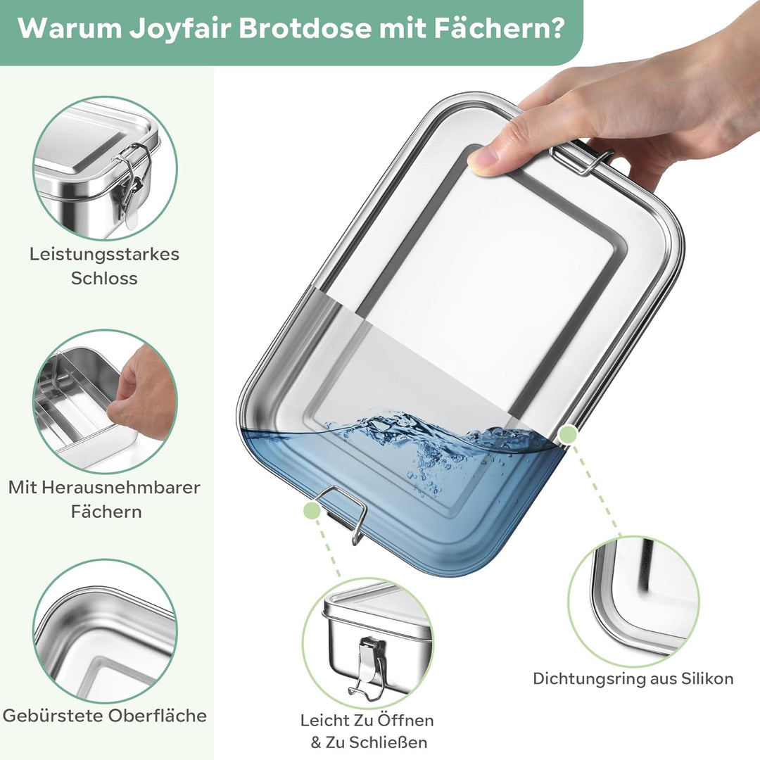 Joyfair Brotdose mit Fächern, 1400ml Edelstahl Bento Box mit 2 Abnehmbar Fächern für Erwachsene & Ki