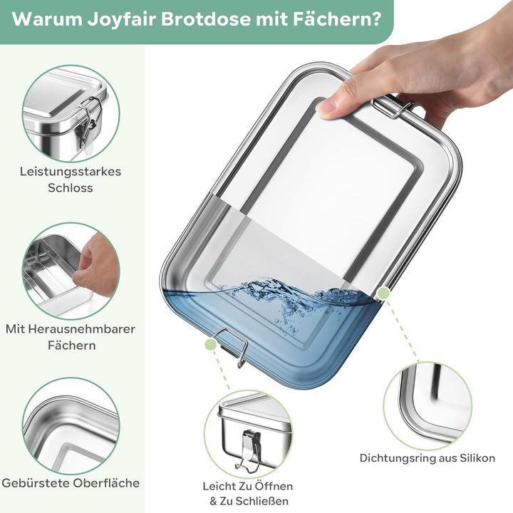 Joyfair Brotdose mit Fächern, 1400ml Edelstahl Bento Box mit 2 Abnehmbar Fächern für Erwachsene & Ki