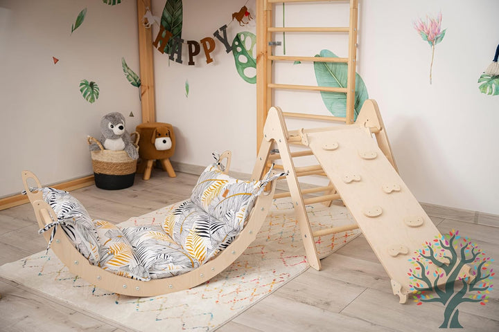 WoodsCraft 3in1 Set: Kletterdreieck mit Rutsche Indoor/Klettern Rampe & Kletterbogen mit Kissen | Ho