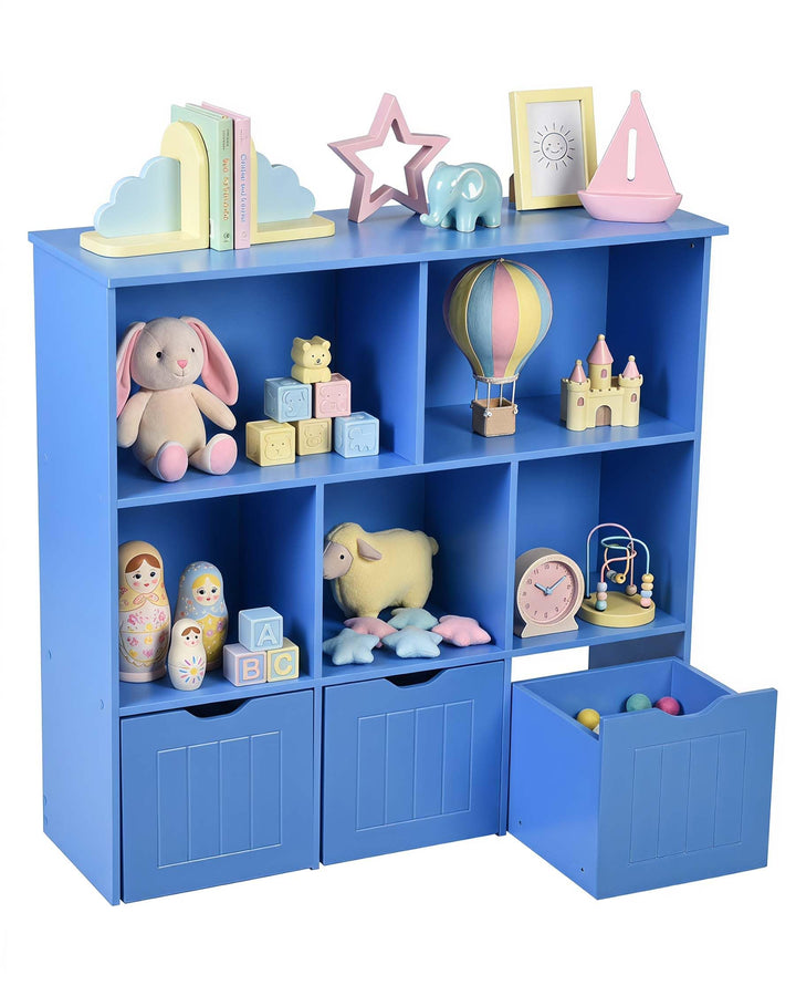Kinder Bücherregal Blau – 3 Schubladen mit Rollen, 5 Fächer, Standregal mit Aufbewahrung, Kleidersch