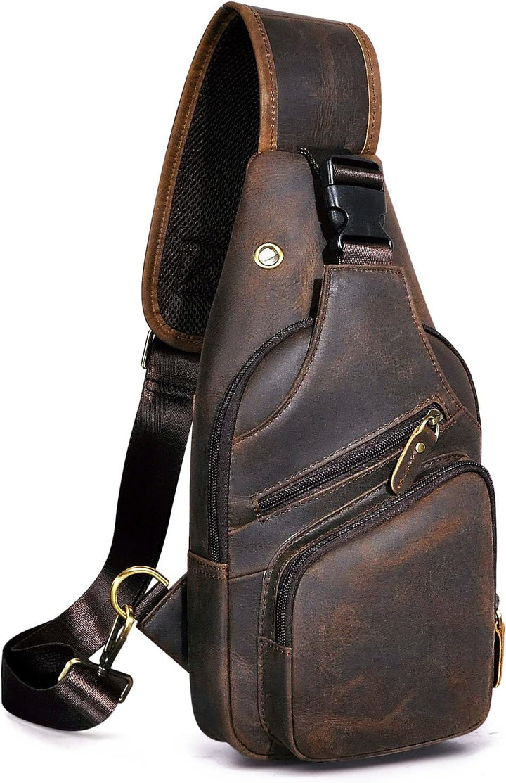 Le'aokuu Herren Echtes Leder Brusttasche Umhängetasche Sport Outdoor Messenger Bag Wanderrucksäcke（8