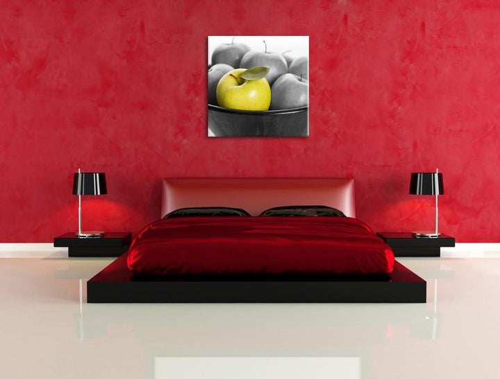 Pixxprint Apple Apfel Korb mit grünen Äpfeln schwarz/weiss, Format: 70x70 auf Leinwand, 70x70