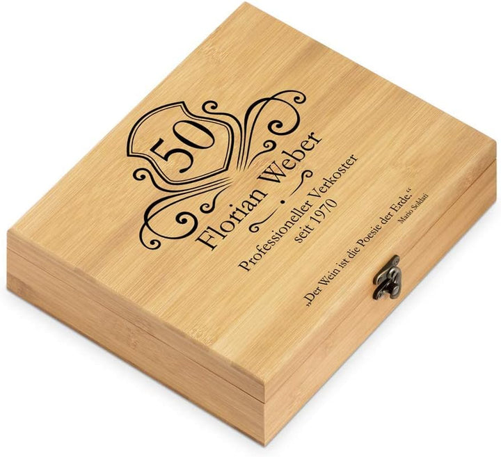 Maverton Weinöffner-Set personalisiert Weinset Sommelier Set - Geschenkbox Holzbox + 6er Weinzubehör