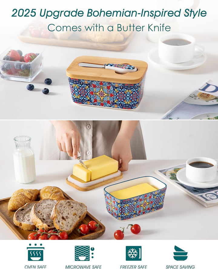 vancasso SIMI Butterdose, Hochwertige Butterglocke, Butterdose Keramik mit Messer und Holzdeckel, Bö