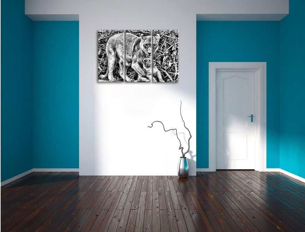 Pixxprint Monocrome, Löwin spielt mit Jungtier 3-Teiler Leinwandbild 120x80 Bild auf Leinwand