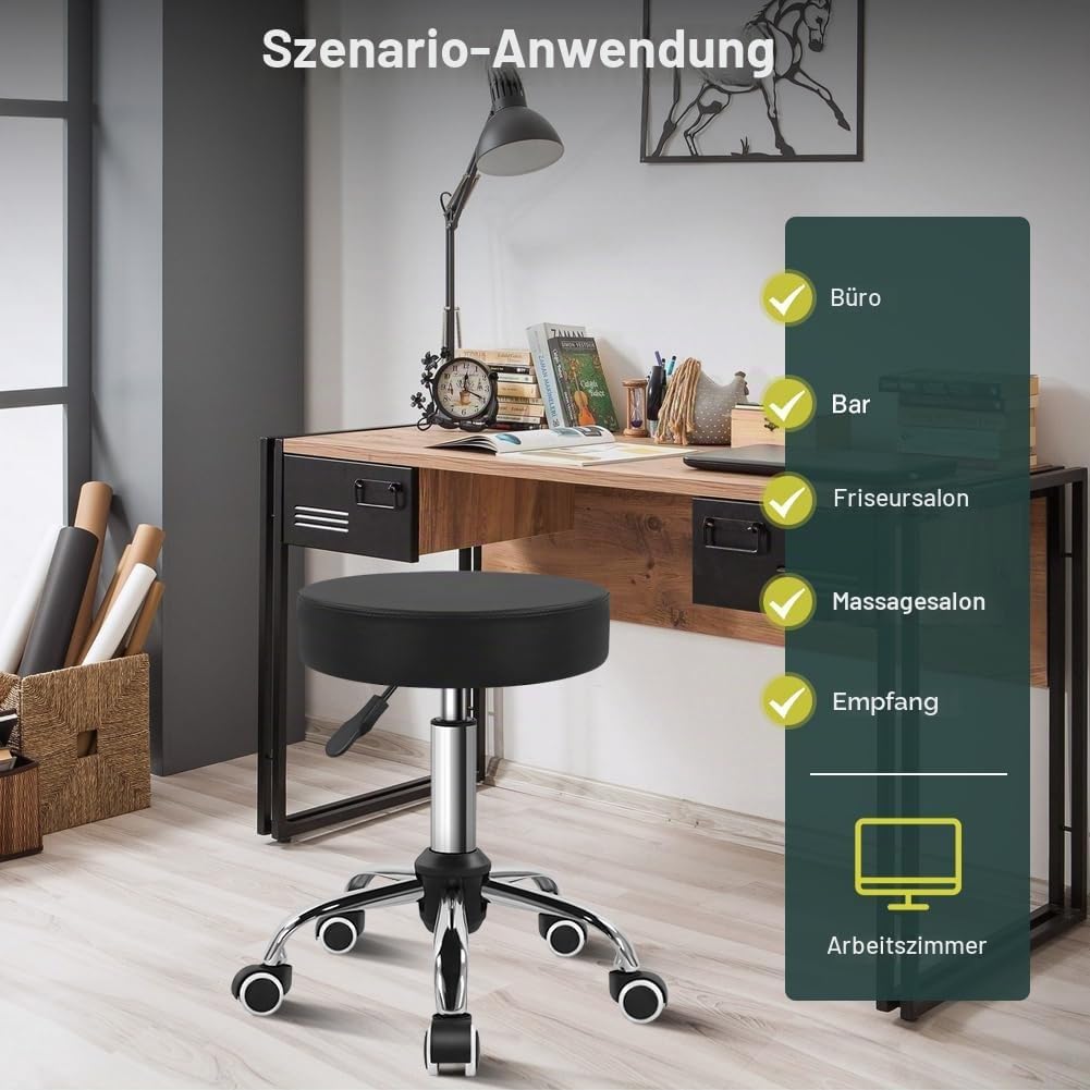 BFTOU Schwarzer Drehhocker aus PU-Leder mit Rollen, perfekt für Salon, Arbeit, Zuhause, Spa, Geschäf