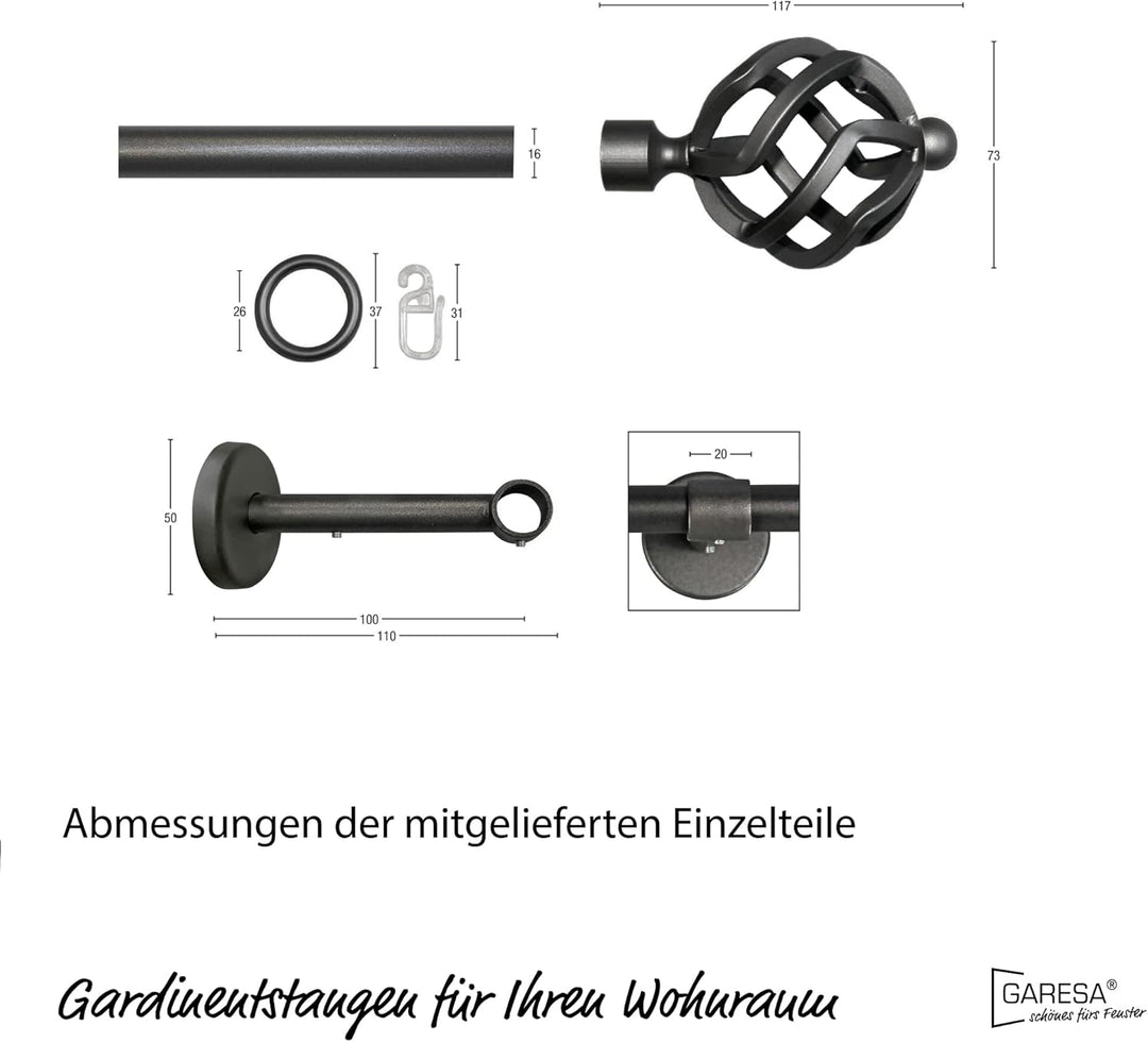 Garesa Gardinenstange Rustika Ø 16mm, 1-läufig, Graphite I Rustikale Vorhangstange aus Metall inkl.