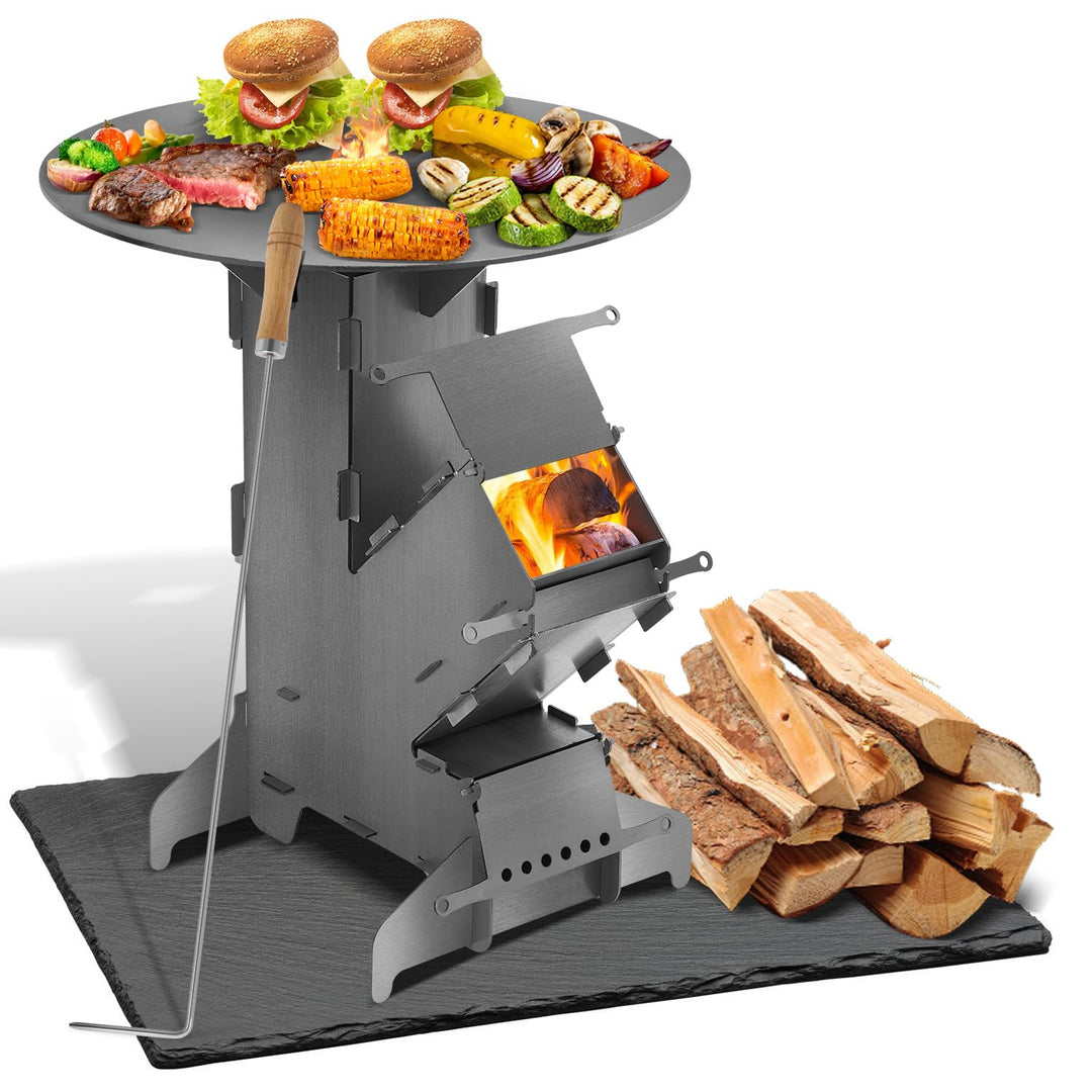 Raketenofen mit Grillplatte 50 cm, Rocket Stove aus 3 mm Stahl | Outdoor Holzofen für Camping &amp; BBQ,