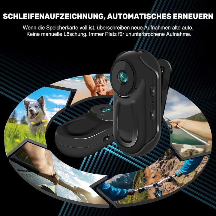 360°Action Cam 1080P Magnetische Taschen-Daumenkamera 120° Weitwinkel Action Kamera, Motorrad Bodyca