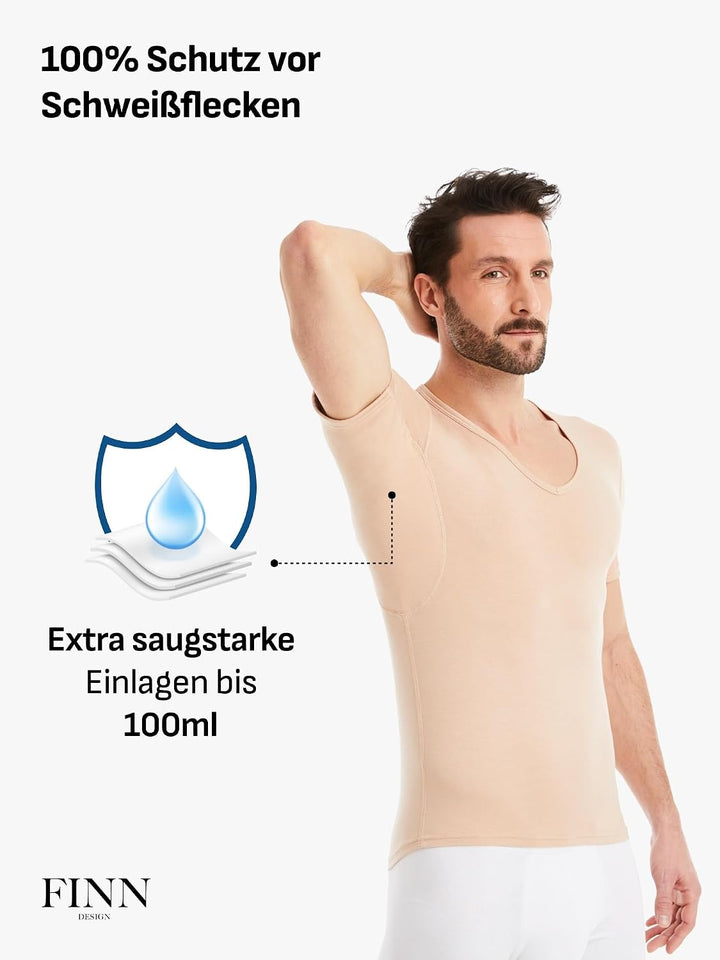 FINN Anti-Schweiss Shirt Herren mit V-Ausschnitt und integrierten Achselpads gegen Starkes Schwitzen