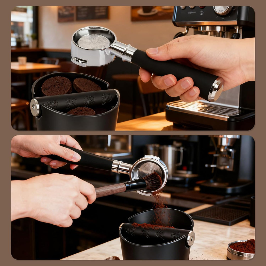 Abklopfbehälter für Siebträger, Knock Box mit Barista-Pinsel, Abnehmbare Metallstange und Rutschfest