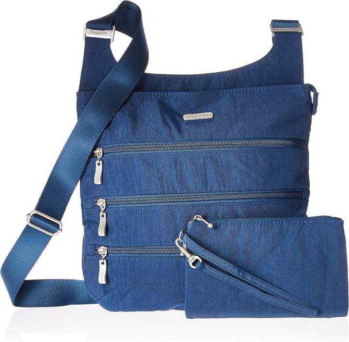 Baggallini Reise-Umhängetasche mit grossem Reissverschluss. Blau, Blau