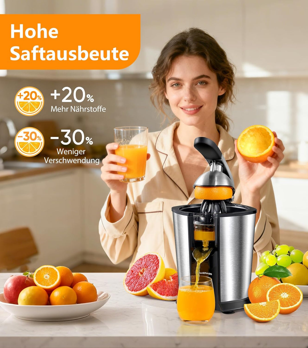 Elektrischer Zitruspresse, Zitrusentsafter mit 2 Aufsätzen und Soft-Griff für müheloses Entsaften, G