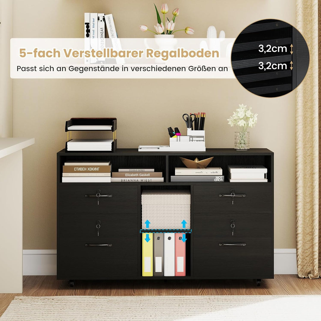 COSTWAY Rollcontainer mit 4 Schubladen, mobiler Aktenschrank abschliessbar mit verstellbarem Regal &