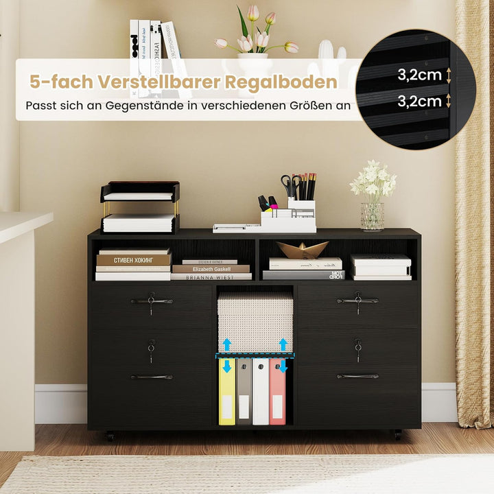 COSTWAY Rollcontainer mit 4 Schubladen, mobiler Aktenschrank abschliessbar mit verstellbarem Regal &