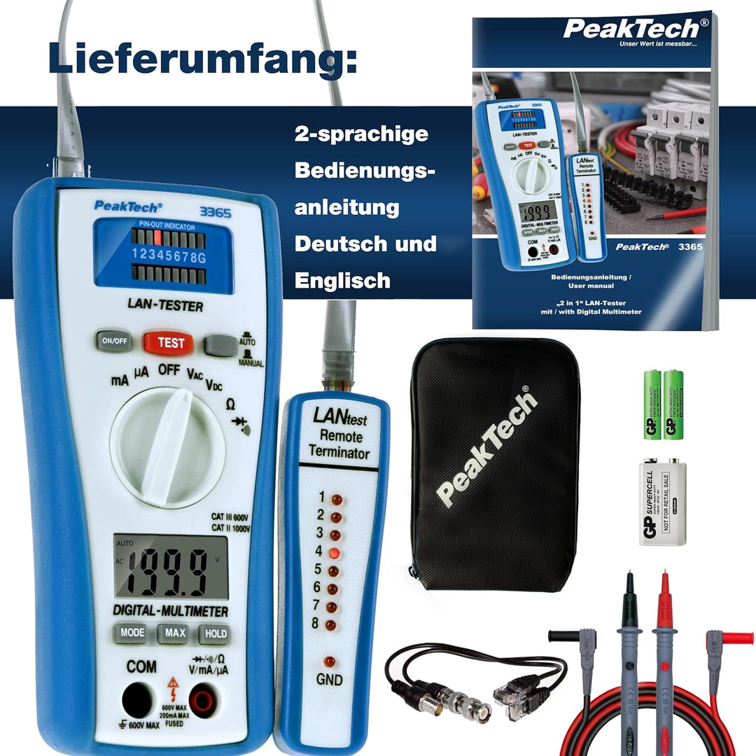 PeakTech 3365 – LAN Tester & Digital Multimeter, Netzwerkprüfgerät, Spannungsprüfer, Handmultimeter,