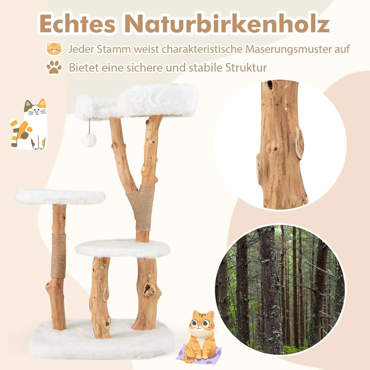 FANTASK Katzenturm Holz, Katzenmöbel mit Spielball & Plüschsitzfläche & 2 Plattformen, Katzenbaum mi