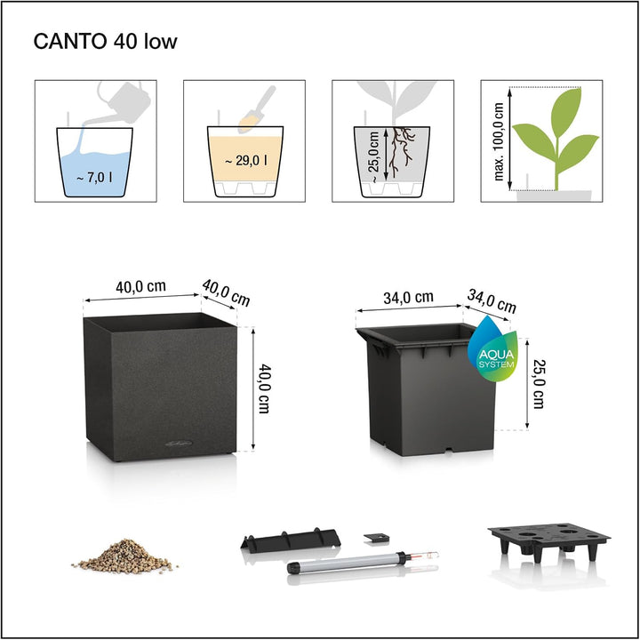 Lechuza CANTO Stone low 40, steingrau, Hochwertiger Kunststoff, Inkl. Bewässerungssystem, Herausnehm