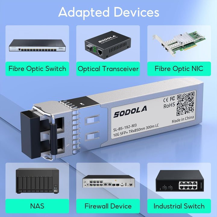 10GBase-SR SFP+ Transceiver, 850nm MMF, bis zu 300 Meter, Kompatibel mit Cisco SFP-10G-SR, Meraki MA