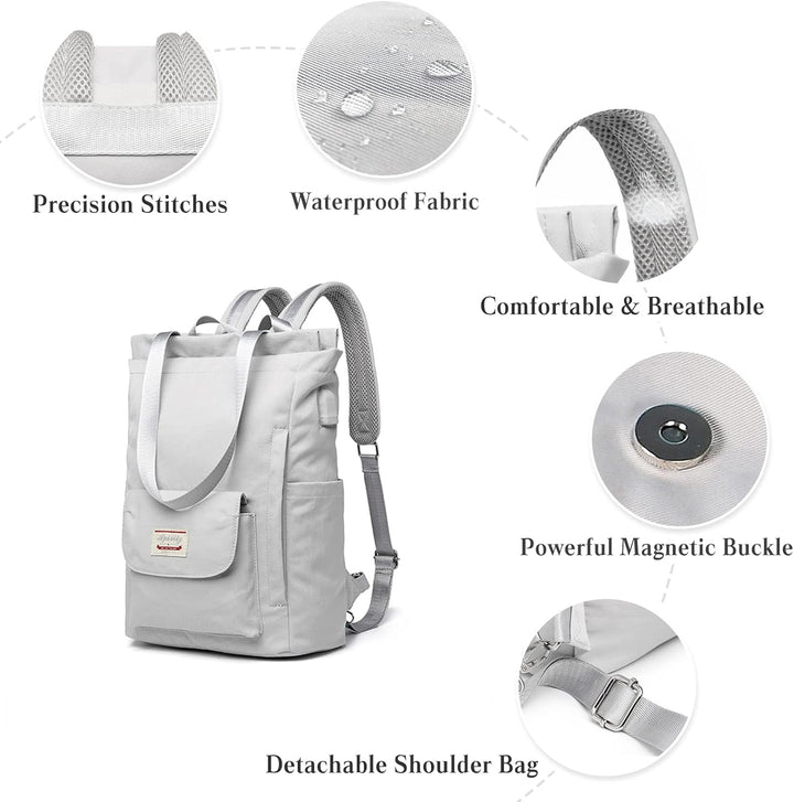 PORRASSO Damen Laptop Rucksack Casual Schultertasche mit USB Ladeanschluss Gepäckband Schultasche fü