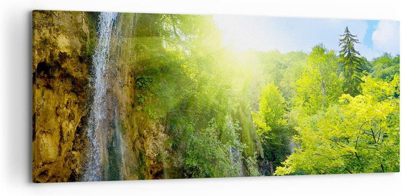 Wandbilder Dekoration Wohnzimmer Wasserfall Forrest Himmel Panorama Bilder auf Leinwand 120x50cm Lei