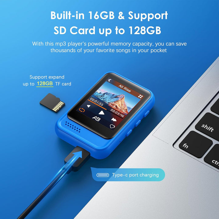 QNGEE 16 GB MP3-Player mit Bluetooth, tragbarer Audio-Player für Sport, integrierter Lautsprecher, F