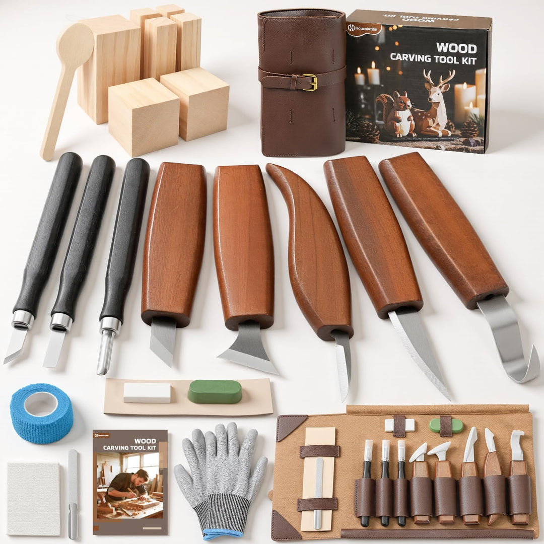 Housolution Holzschnitzset mit Lederetui, 24PCS Holzschnitzwerkzeuge Schnitzset enthält Schnitzmesse