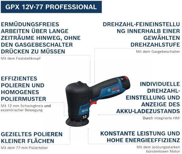 Bosch Professional 12V System Akku-Polierer GPX 12V-77 (inkl. montiertem 77 mm Klett-Stützteller, 77
