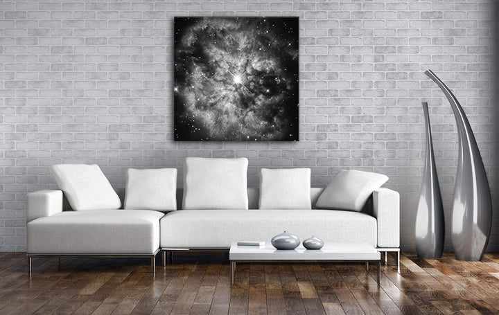 Sternen Nebel im Kosmos Format: 70x70 Effekt: Schwarz&Weiss als Leinwandbild, Motiv auf Echtholzrahm