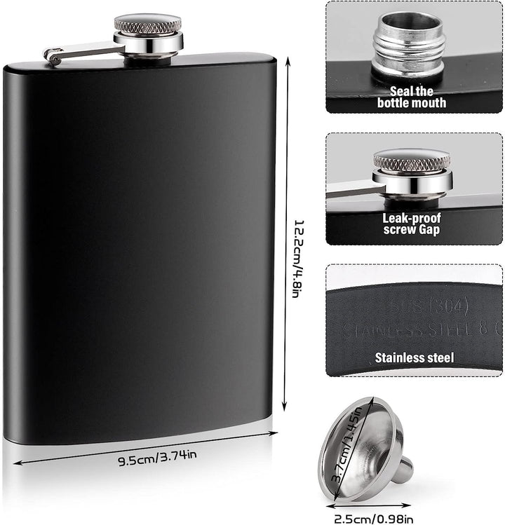 12 Stück Flachmann Edelstahl mit Trichter, 8 oz/ 240 ml Flachmann für Spirituosen Schwarz Klein für