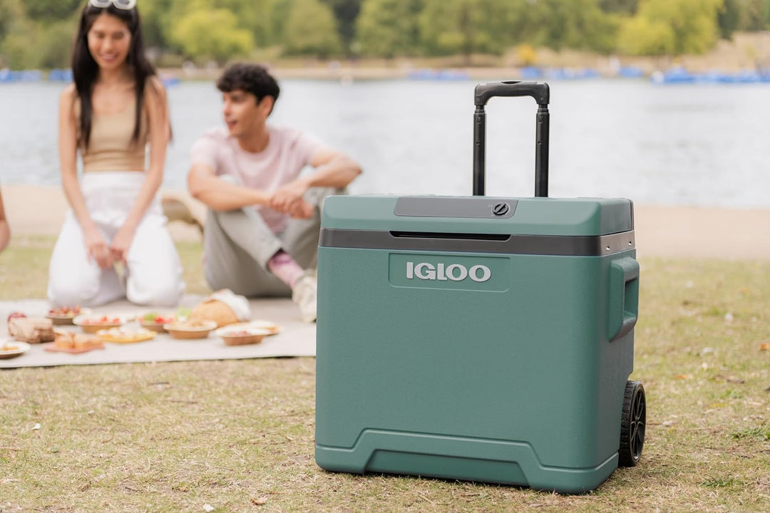 IGLOO elektrische Kühlbox IE42 mit Telekop-Griff und Rollen für Auto und Steckdose, 42 L, 12V und 23