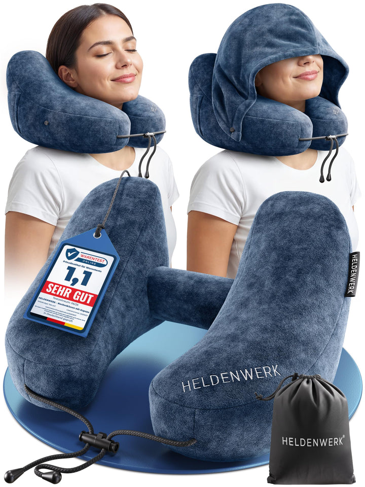 HELDENWERK® Air Nackenkissen Flugzeug Aufblasbar | Reisekissen für 5 Schlafpositionen, schnell aufbl