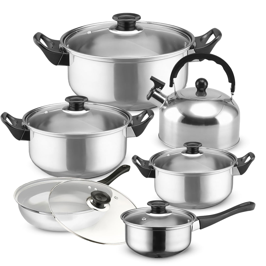 Retoo Kochtopfset 12-teilig aus Edelstahl, Töpfe mit Glasdeckel, Kochtöpfe mit ergonomischen Griffen