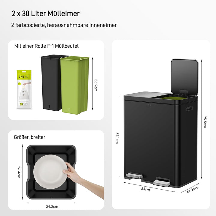 EKO Mülleimer Küche 2 Fächer, 2 x 30 Liter, Abfalleimer mit 2 Inneneimern Schwarz 30L+30L, Schwarz 3