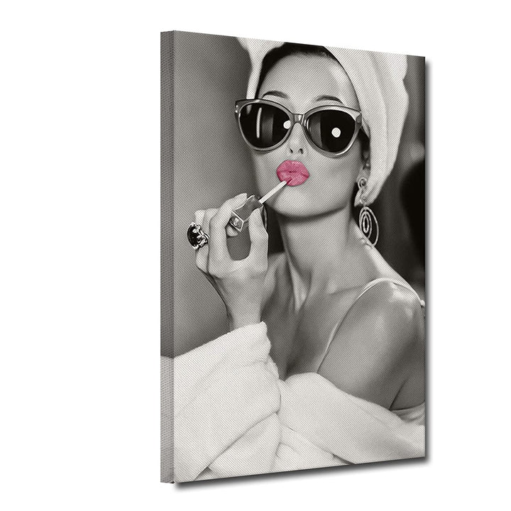ZHONGYUTONG Audrey Hepburn Leinwandbild mit Rahmen Rosa Lippenstift Wand Gemälde Schwarz Weiss Kunst