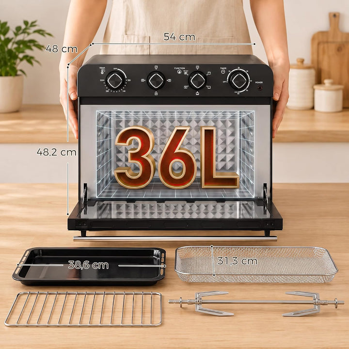 HOMCOM Heissluftfritteuse 36 Liter Mini Backofen mit Umluft, Backblech, Rost