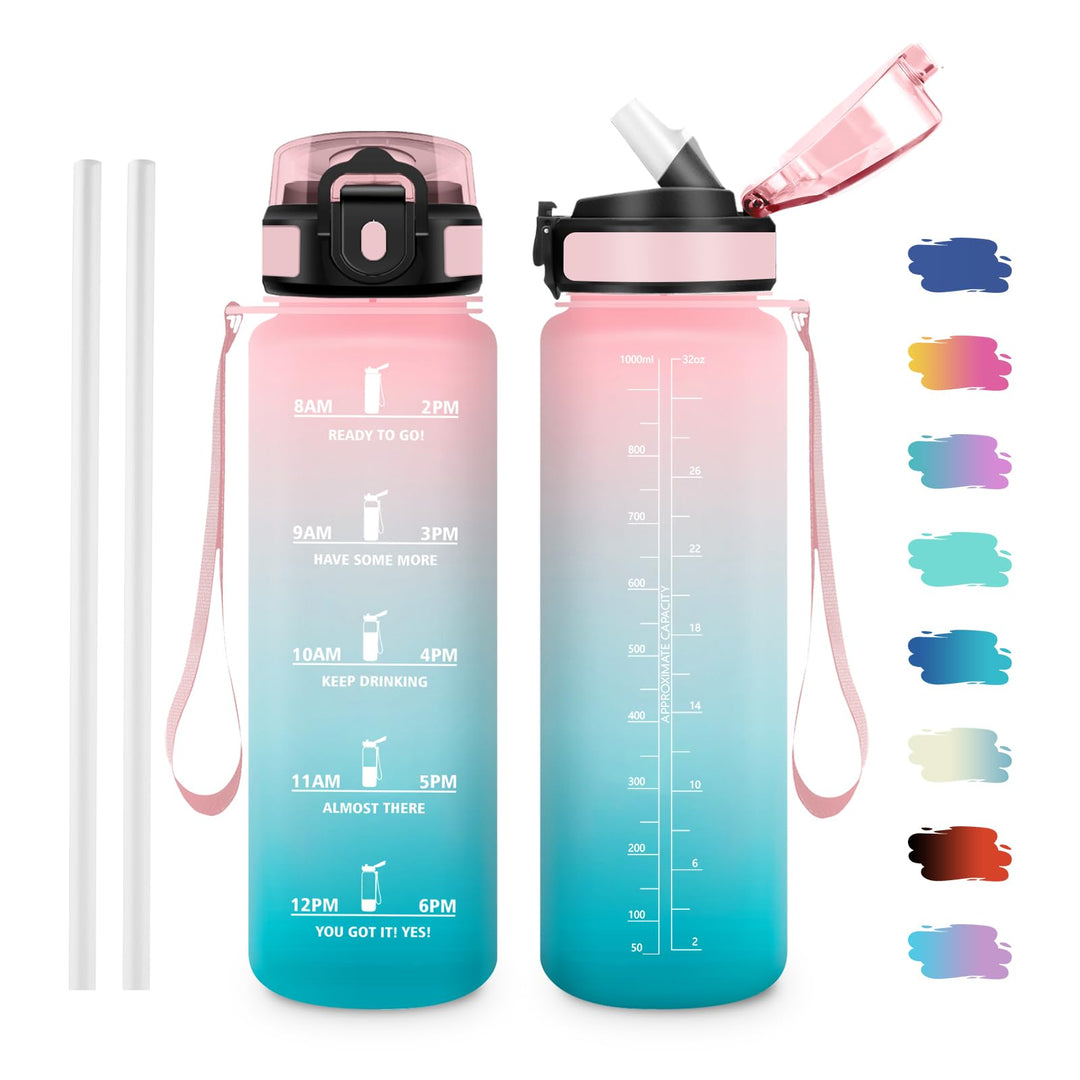 Trinkflasche 1L, BPA-frei, Wasserflasche mit Strohhalm & Zeitmarkierung, Sportflasche für Gym, Campi