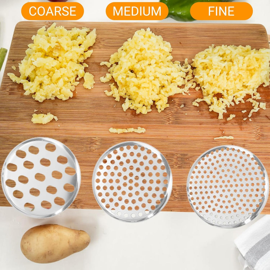 Kartoffelpresse 15oz, robuster Kartoffelstampfer aus Edelstahl mit 3 austauschbaren Scheiben, grosse