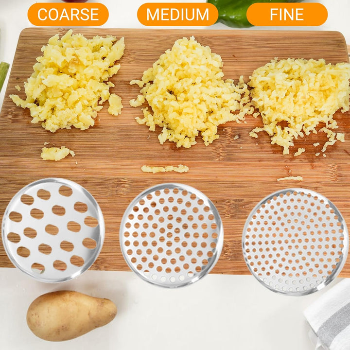 Kartoffelpresse 15oz, robuster Kartoffelstampfer aus Edelstahl mit 3 austauschbaren Scheiben, grosse