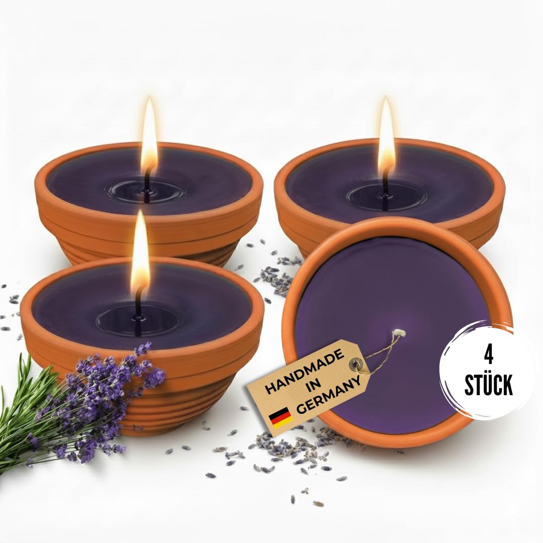 Lavalis 4X Lavendel Kerze mit Duft in Terrakotta-Schale, Alternative zu Citronella-Kerze, Handbefüll
