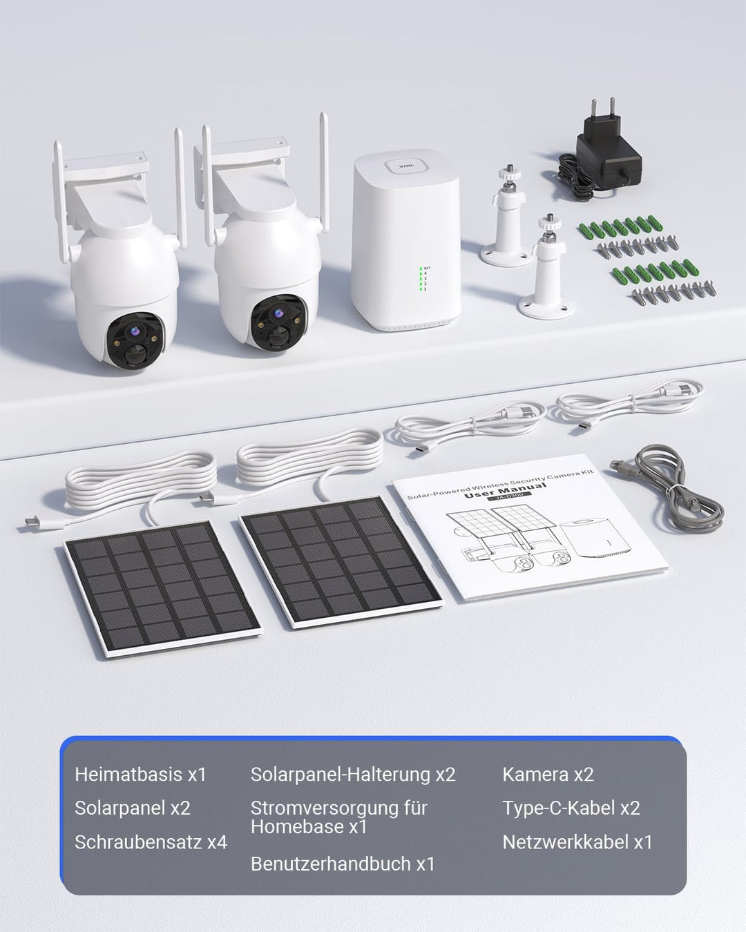 2K Überwachungskamera Aussen Akku Solar, 2-Cam-Set mit Basisstation | 360° PTZ Kabellos, 32G Lokaler