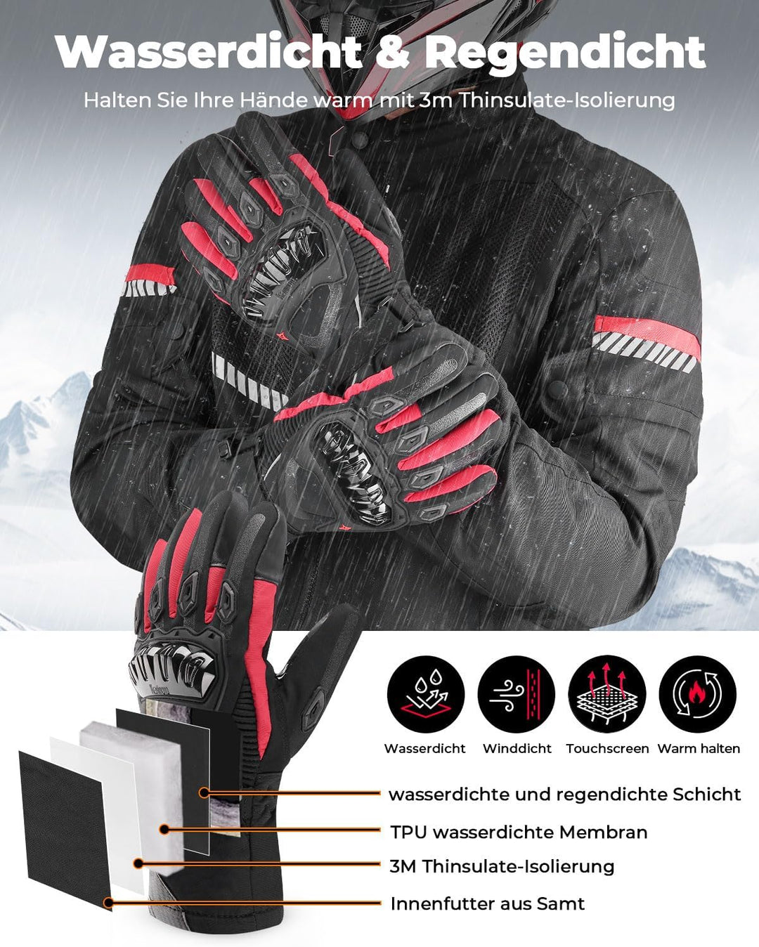 KEMIMOTO Winter Motorradhandschuhe, geprüfte Motorradhandschuhe,Motorrad Handschuhe Winter, Touchscr