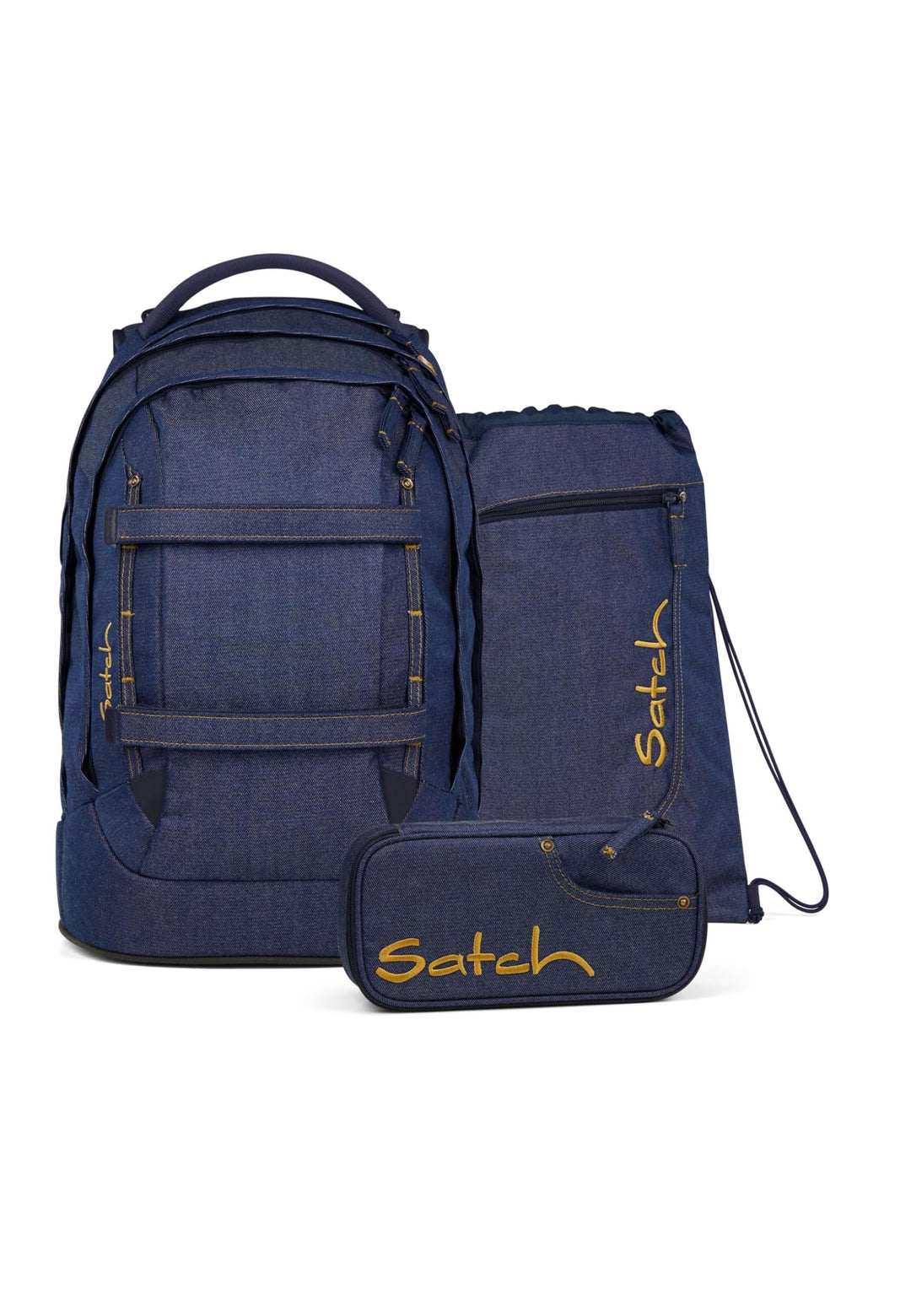 Satch Pack Set Set 3 teilig ab 5. Klasse ergonomisch 30L Stauraum mit Schlamperbox Sportbeutel Denim